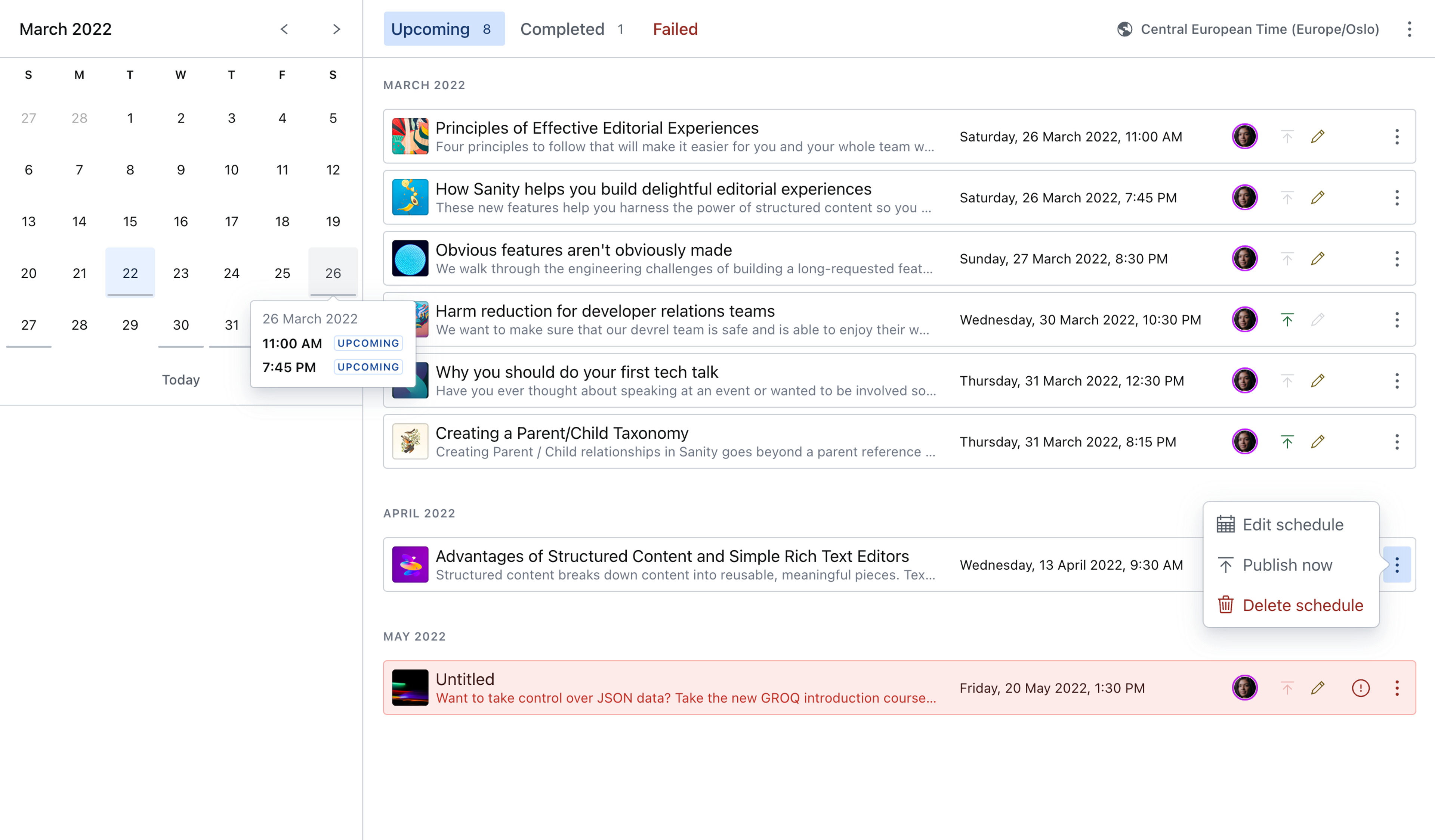 Shows the Scheduled publishing interface in Sanity Studio