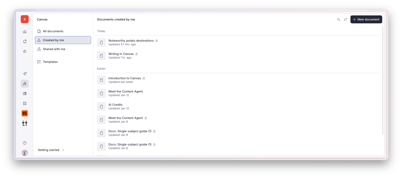 The Canvas document management application interface, with "Created by me" selected in the sidebar, displaying a list of documents.