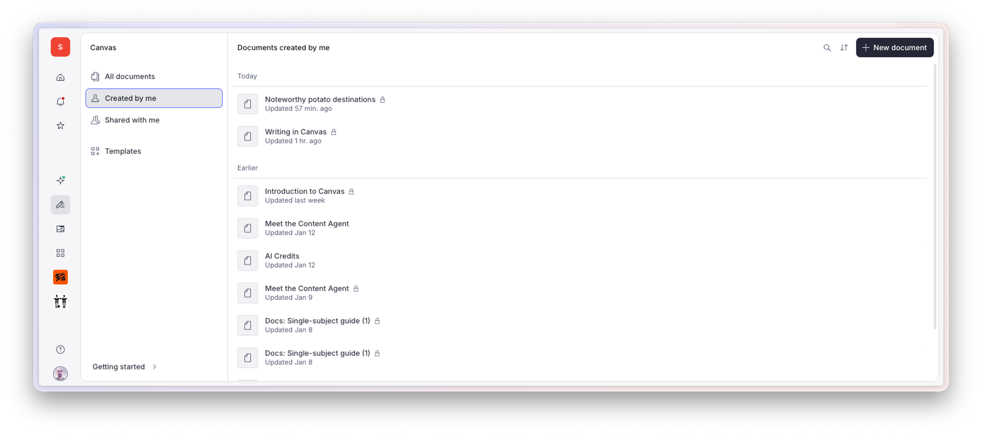 The Canvas document management application interface, with "Created by me" selected in the sidebar, displaying a list of documents.