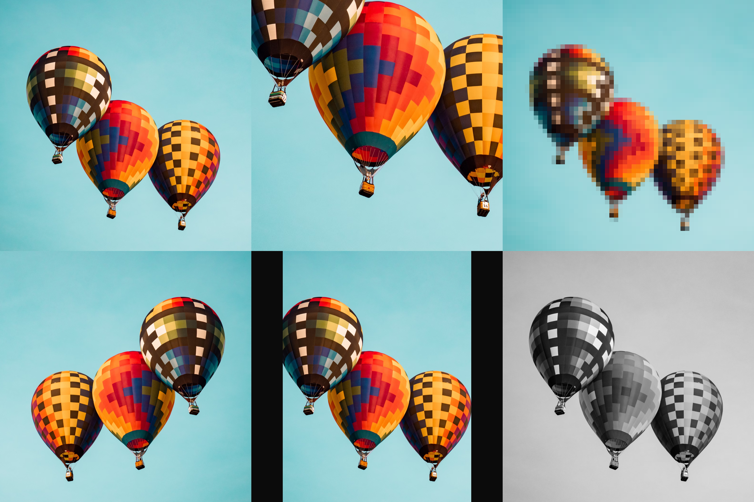 six images of hot air balloons with different image transforms