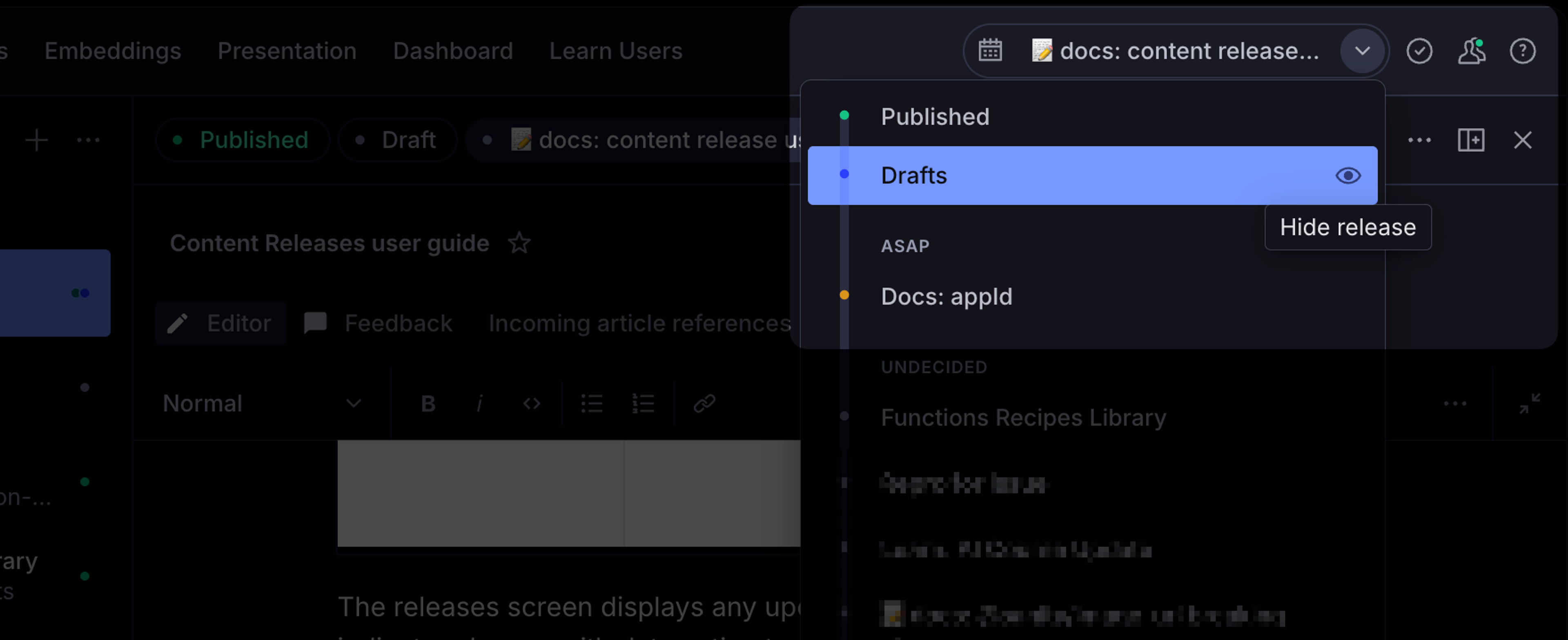 The global release picker with the "hide release" tooltip displayed