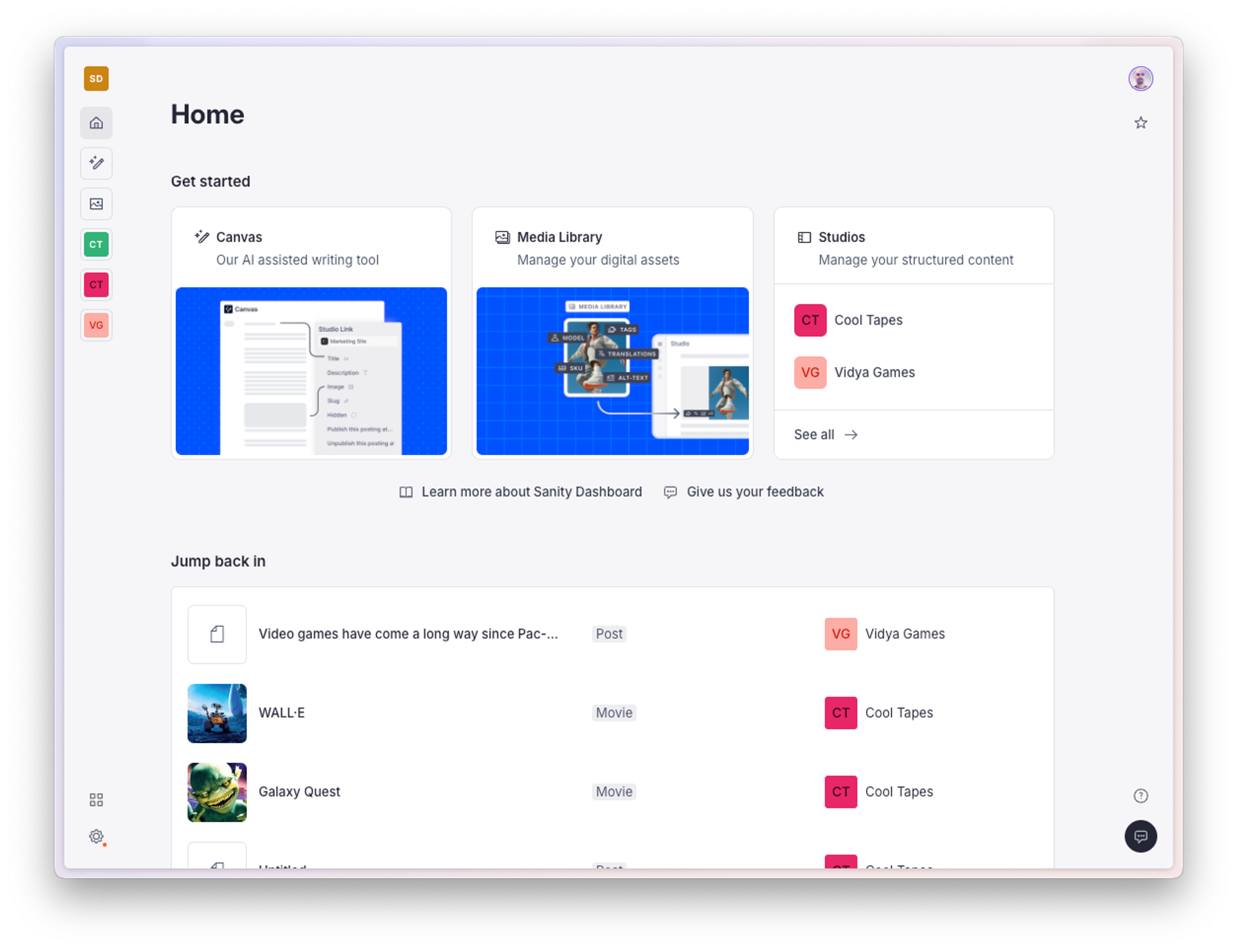 Shows the dashboard with the home screen active