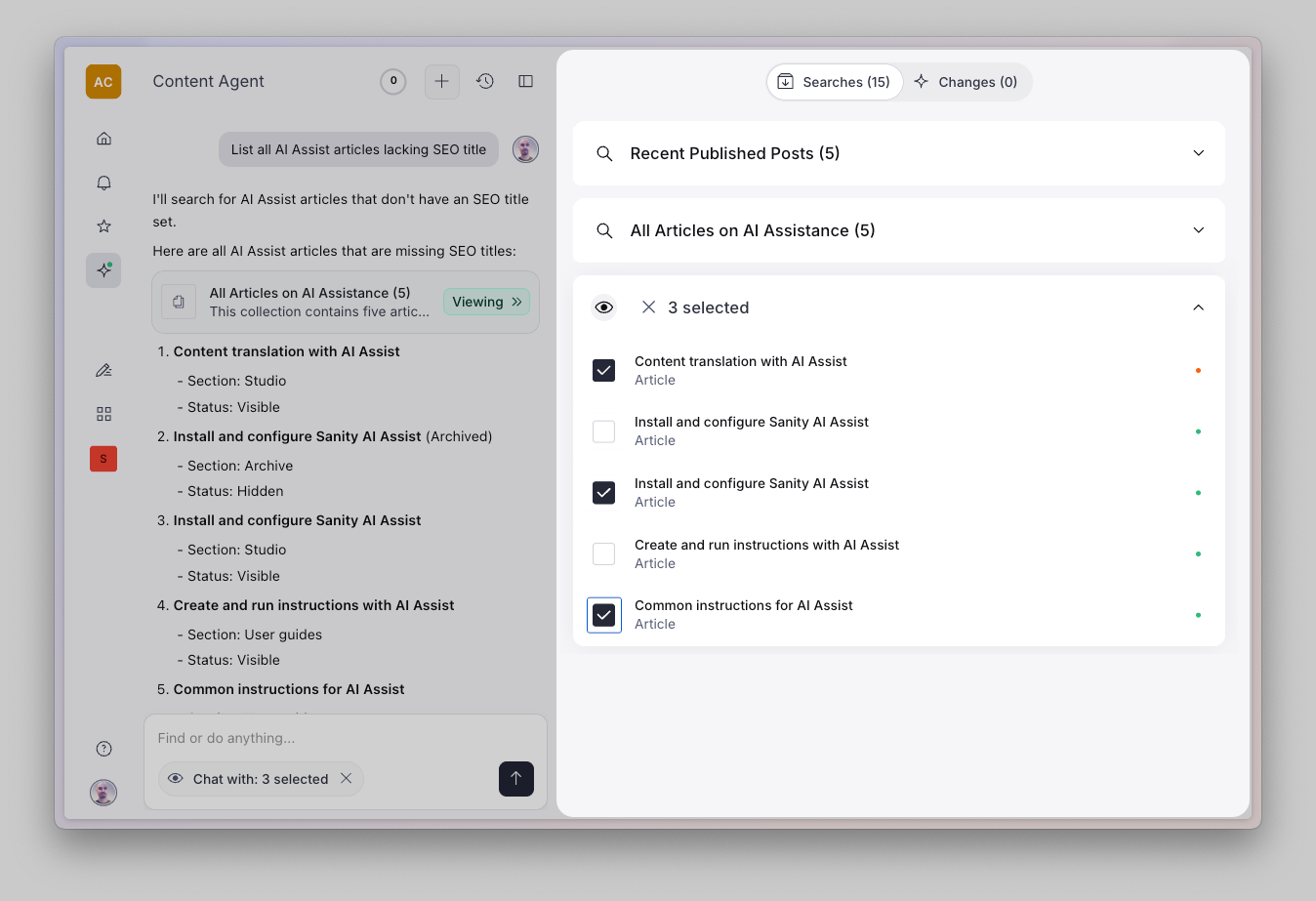 Content Agent AI content management interface, showing a list of five articles missing SEO titles and a selection panel with three articles chosen for an AI chat.