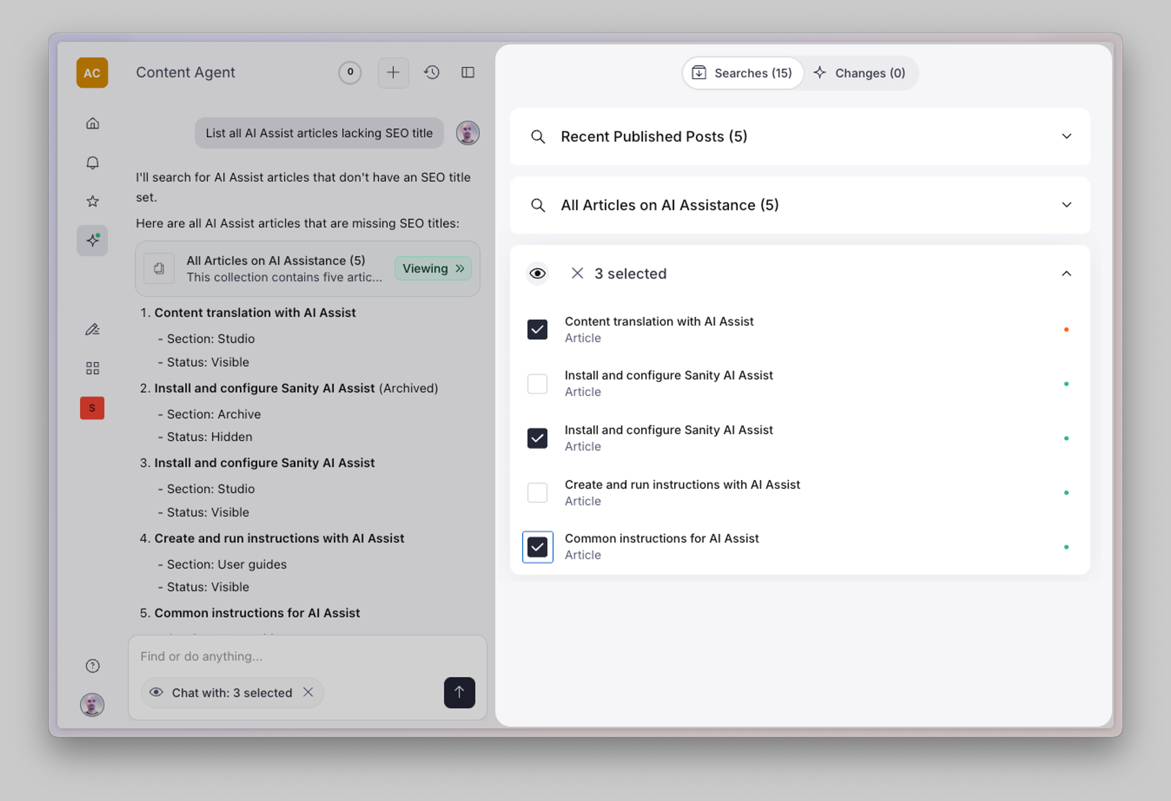 Content Agent AI content management interface, showing a list of five articles missing SEO titles and a selection panel with three articles chosen for an AI chat.