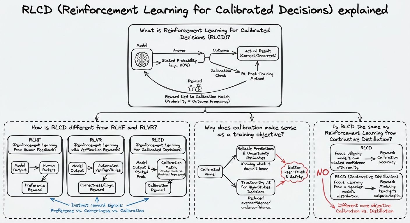 A diagram explaining RLCD (Reinforcement Learning for Calibrated Decisions) in terms of related concepts.