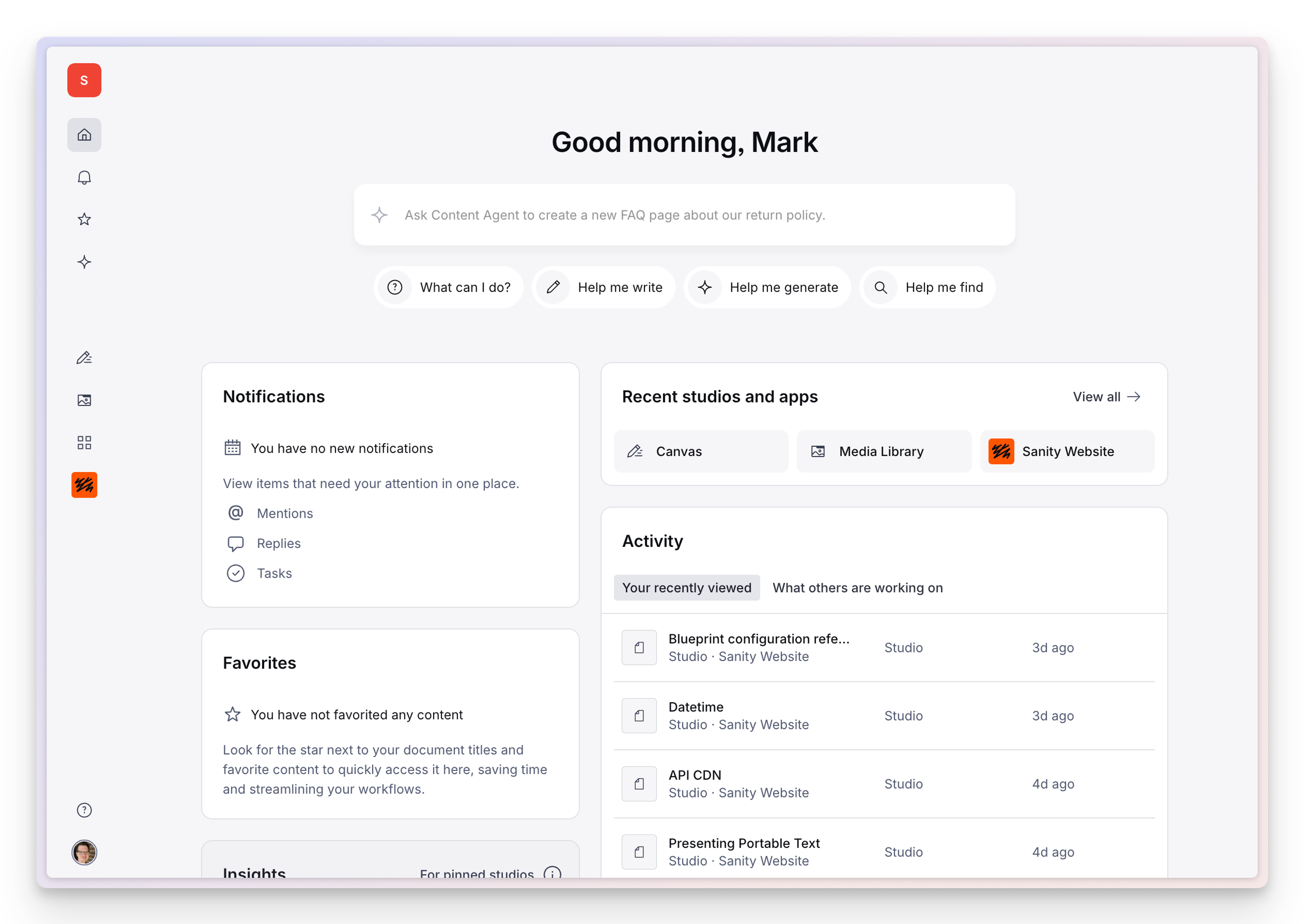 Sanity Studio dashboard