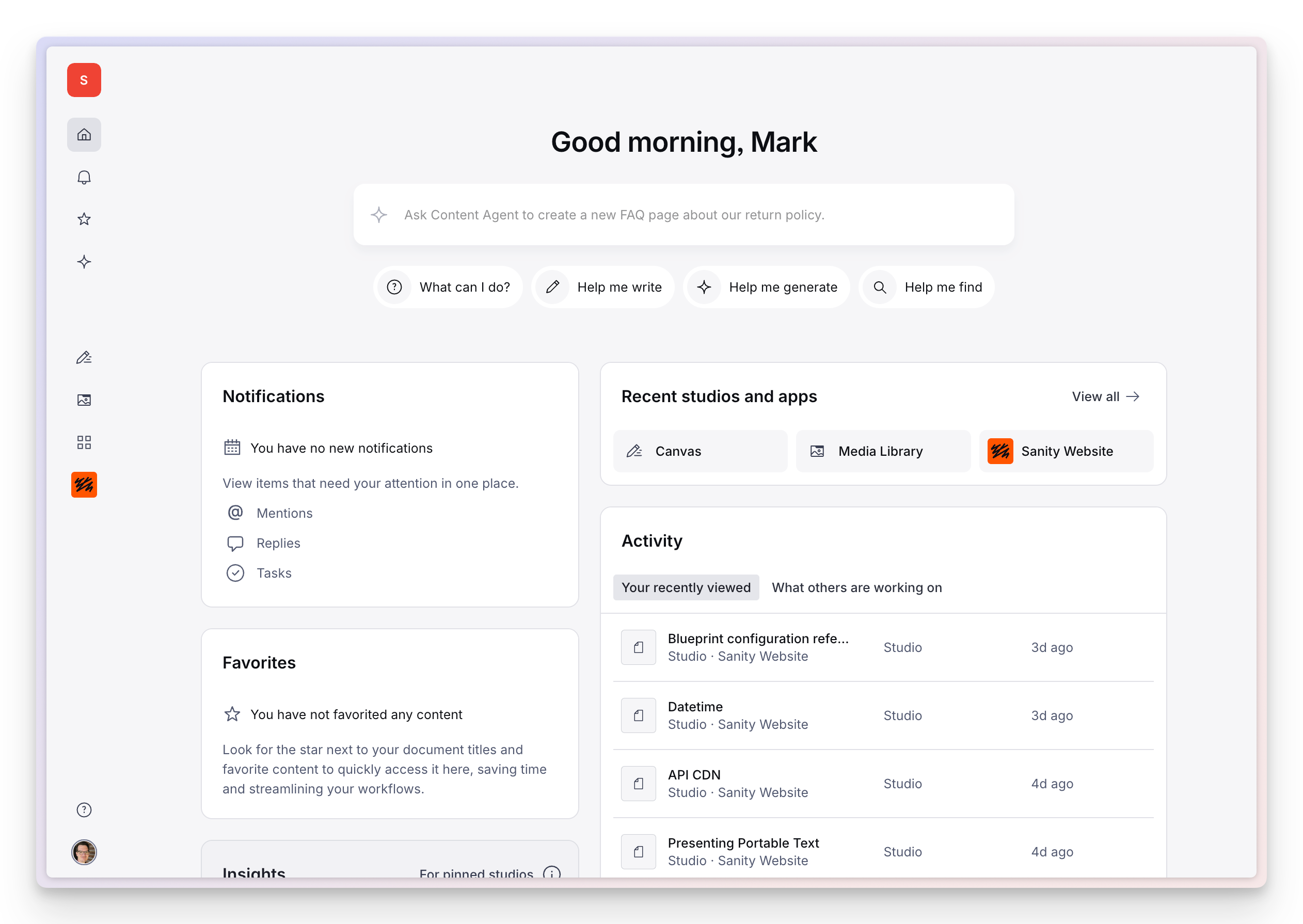 A Sanity.io dashboard displaying a Content Agent prompt for creating an FAQ page, recent studios, and an activity log.