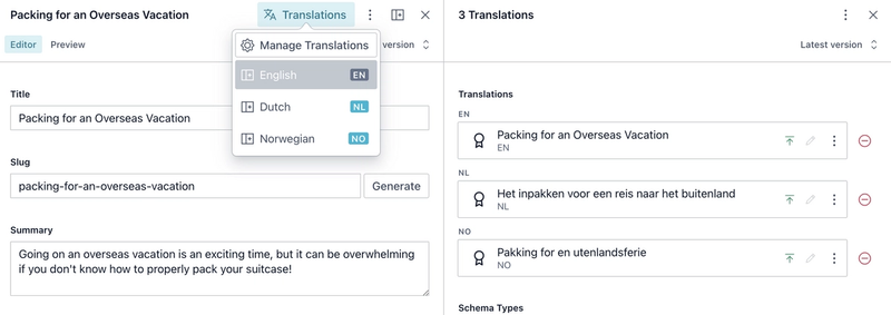 The document internationalization plugin handles setting a language field and relating translations as references