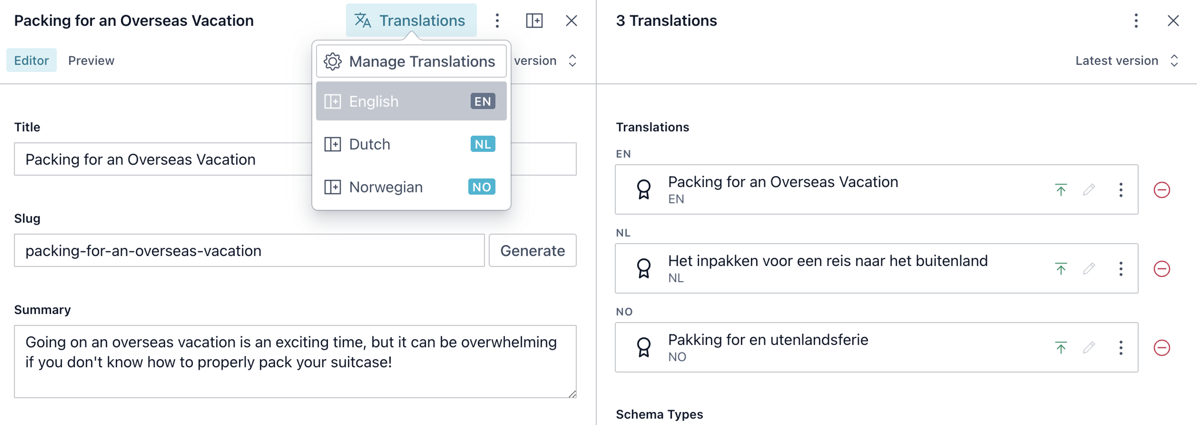 The document internationalization plugin handles setting a language field and relating translations as references