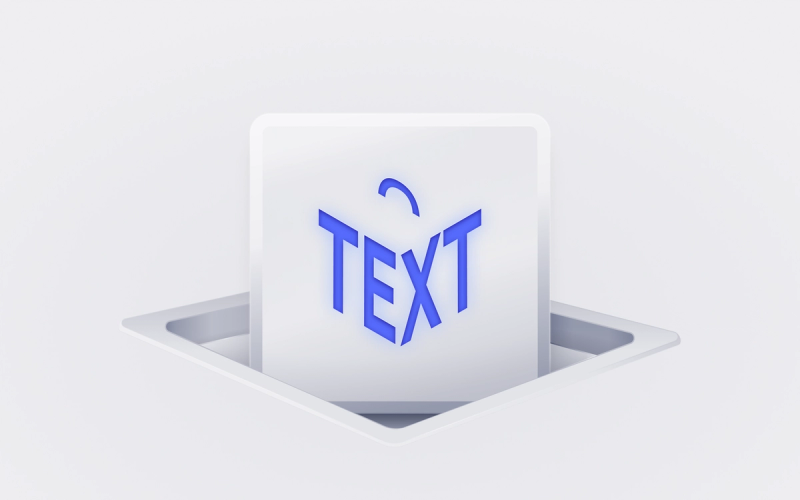 An abstract 3D illustration features the word “TEXT” in bold blue capital letters on a white square surface. The square is emerging from a recessed platform, giving a sense of depth and dimensionality. The background is a light gray gradient, creating a clean and minimalistic design.