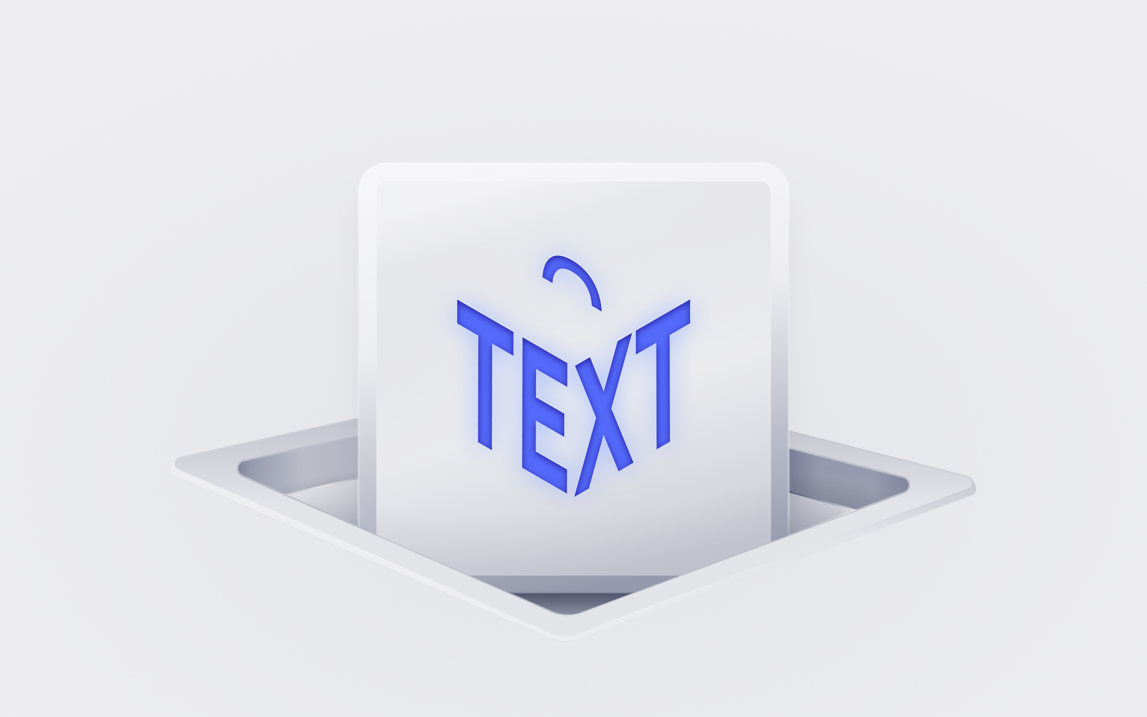 An abstract 3D illustration features the word “TEXT” in bold blue capital letters on a white square surface. The square is emerging from a recessed platform, giving a sense of depth and dimensionality. The background is a light gray gradient, creating a clean and minimalistic design.