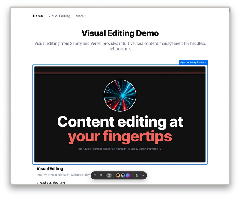Shows a web page titled "Visual Editing Demo", with a graphic with the legend "Content editing at your fingertips"