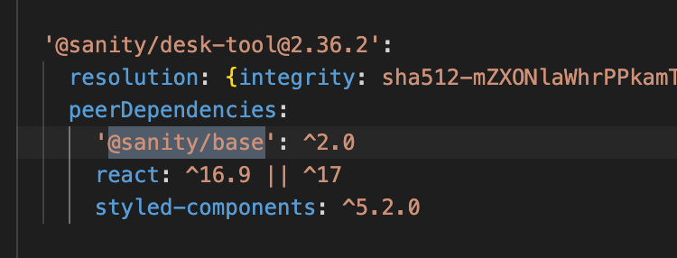 Screenshot of pnpm-lock.yaml with a previous version of sanity