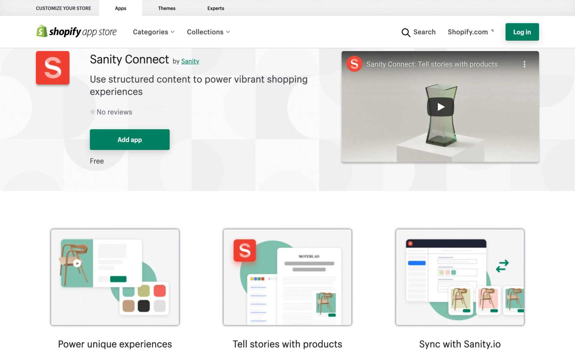 Screenshot of Sanity Connect App in Shopify app store