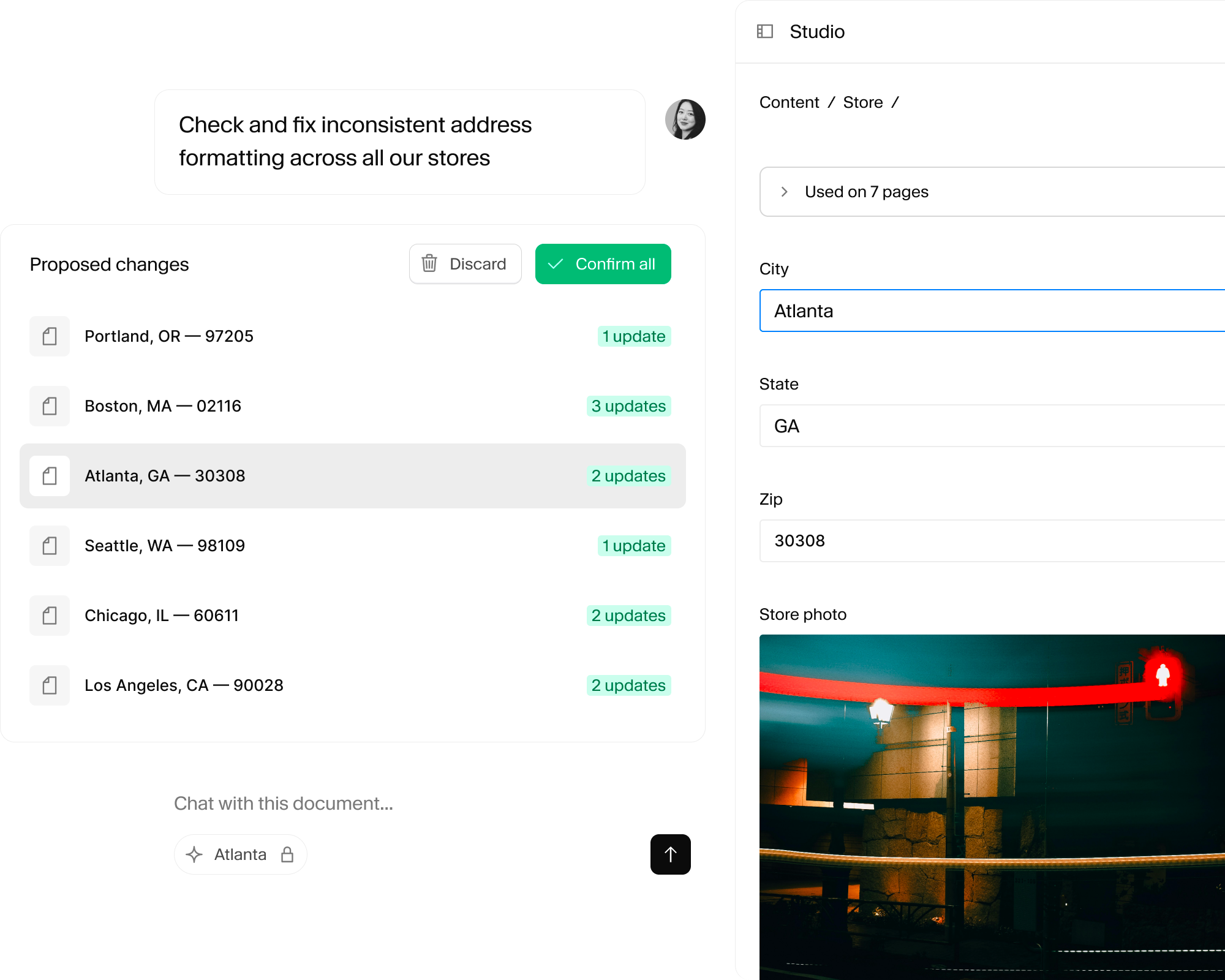 A user interface for checking and fixing store address formatting issues, showing proposed changes for multiple cities and editable details for Atlanta, GA 30308.