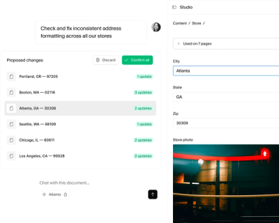 A user interface for checking and fixing store address formatting issues, showing proposed changes for multiple cities and editable details for Atlanta, GA 30308.