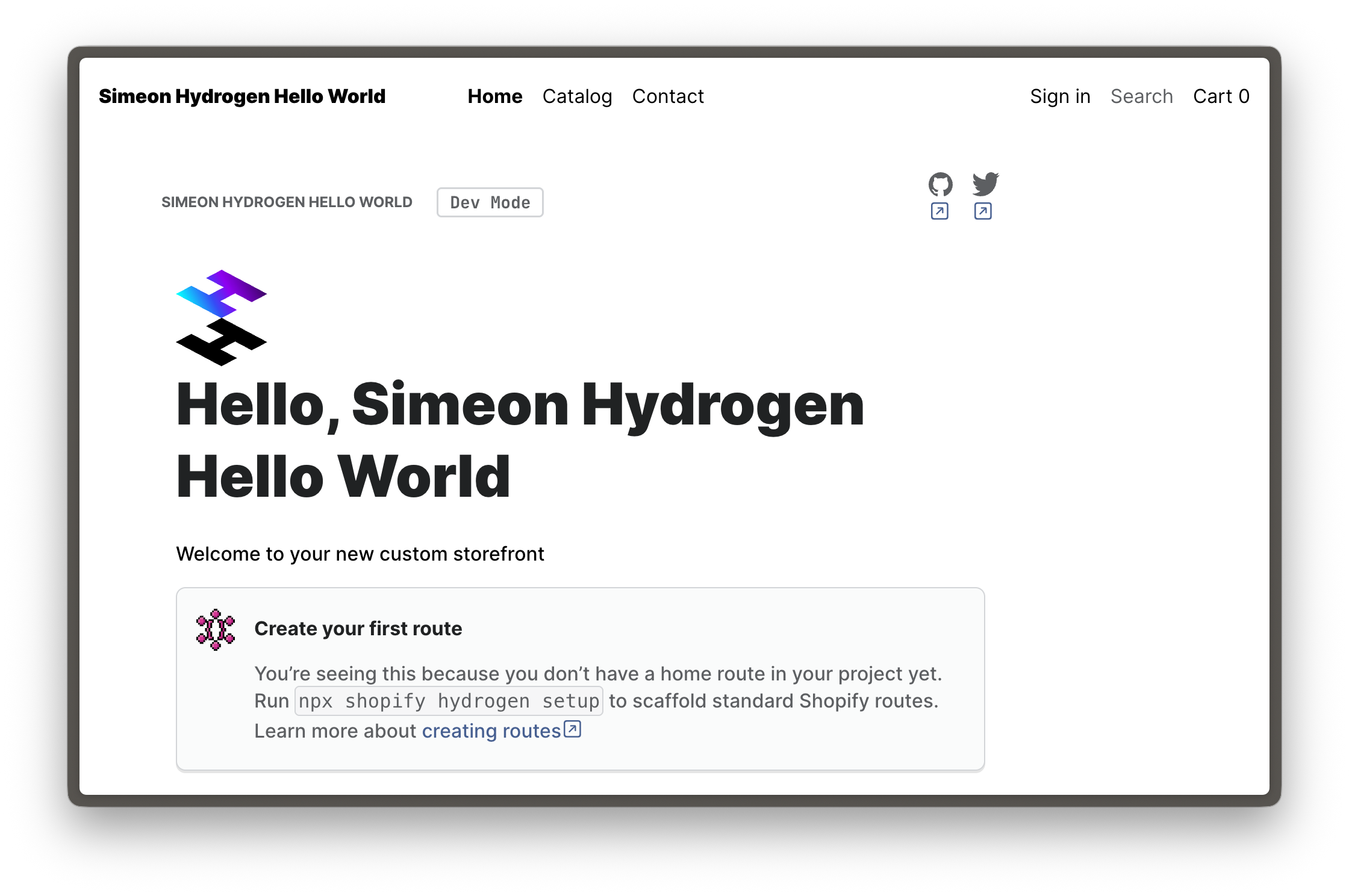Hello page of a new Hydrogen application