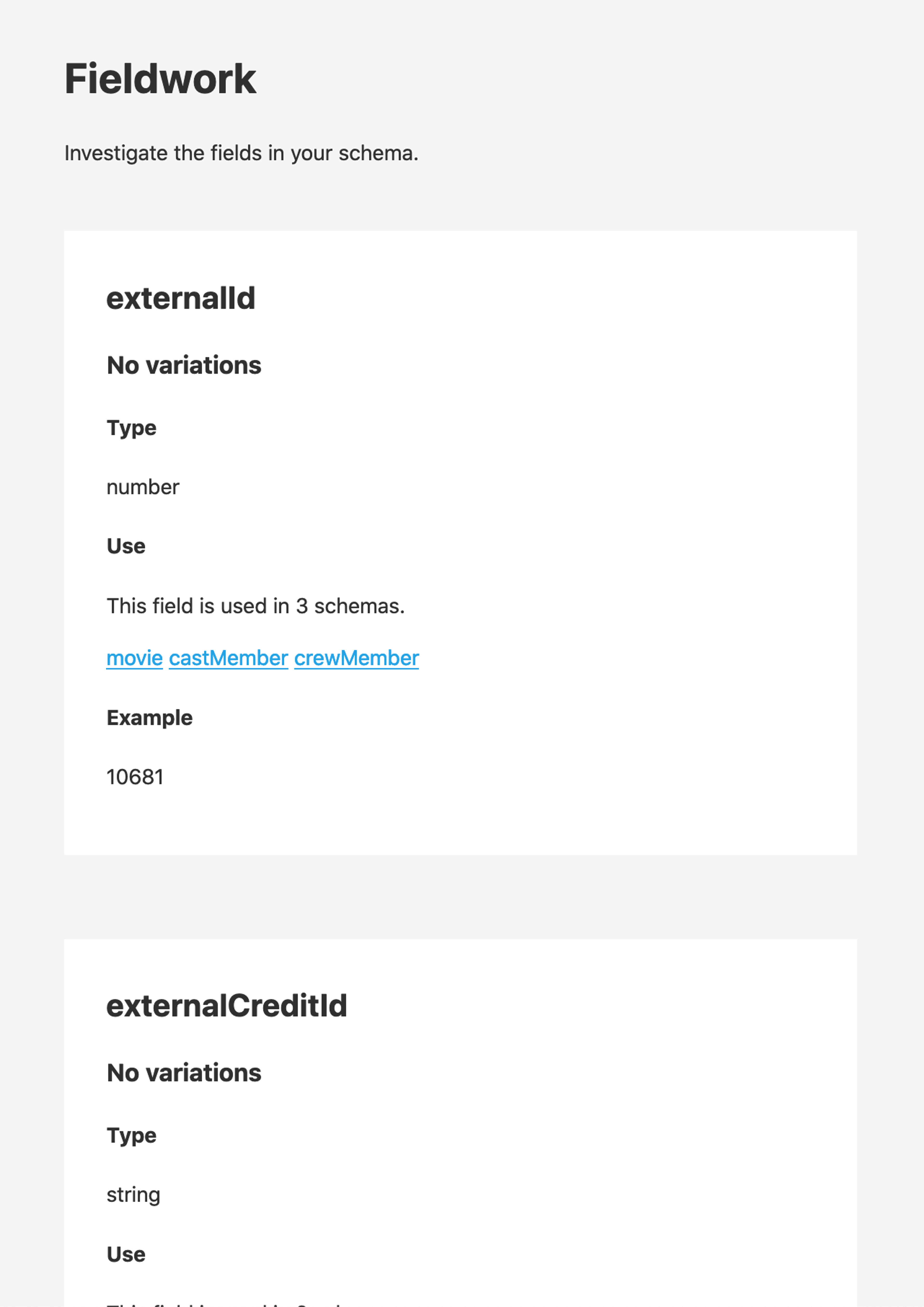 Screenshot of the plugin in action identifying where and how "externalId" and "externalCreditId" are used across schemas