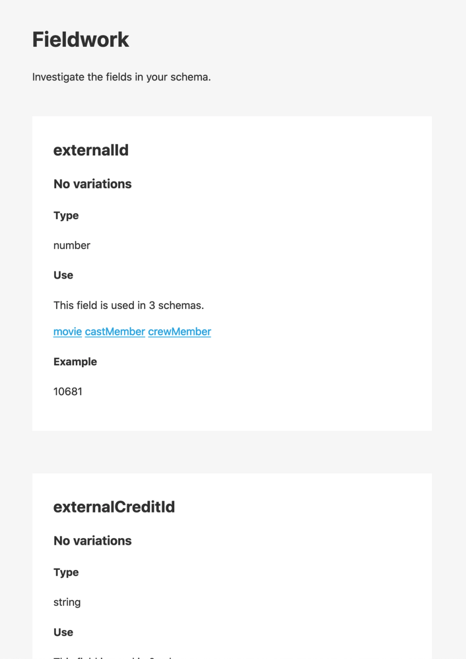 Screenshot of the plugin in action identifying where and how "externalId" and "externalCreditId" are used across schemas