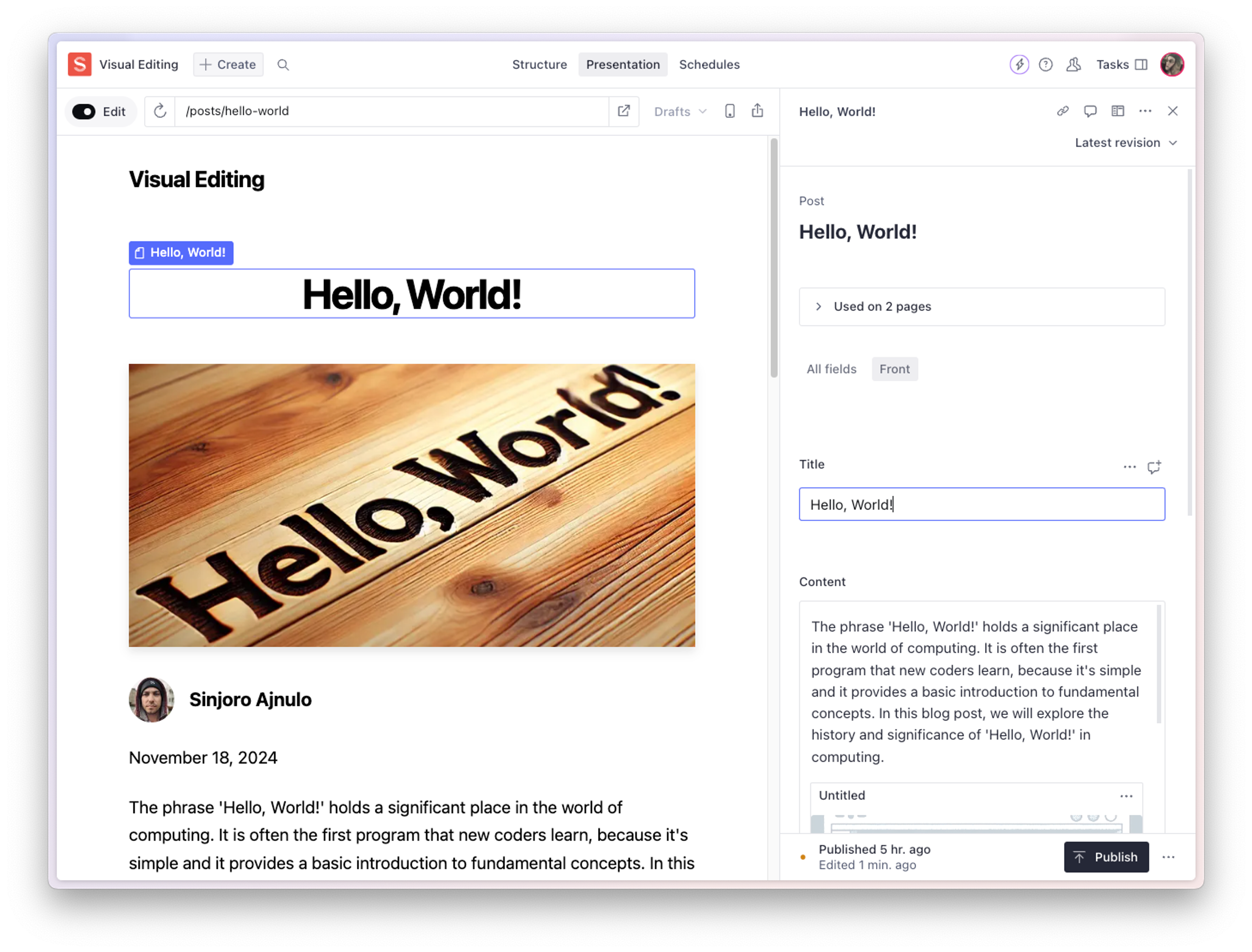 Shows the studio interface with the Presentation tool active