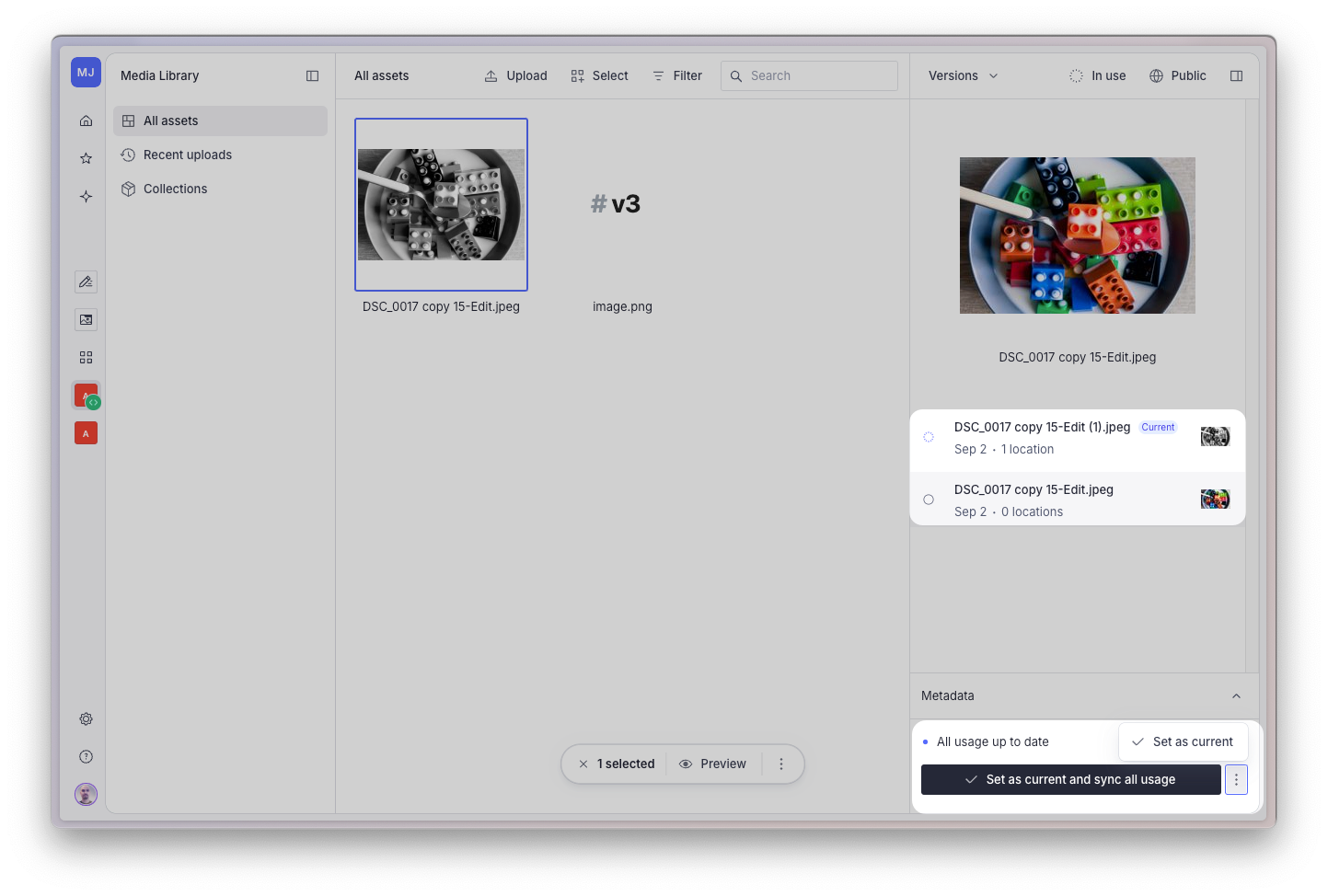 Shows Sanity Media Library with the versions inspector open, and options to sync usage highlighted
