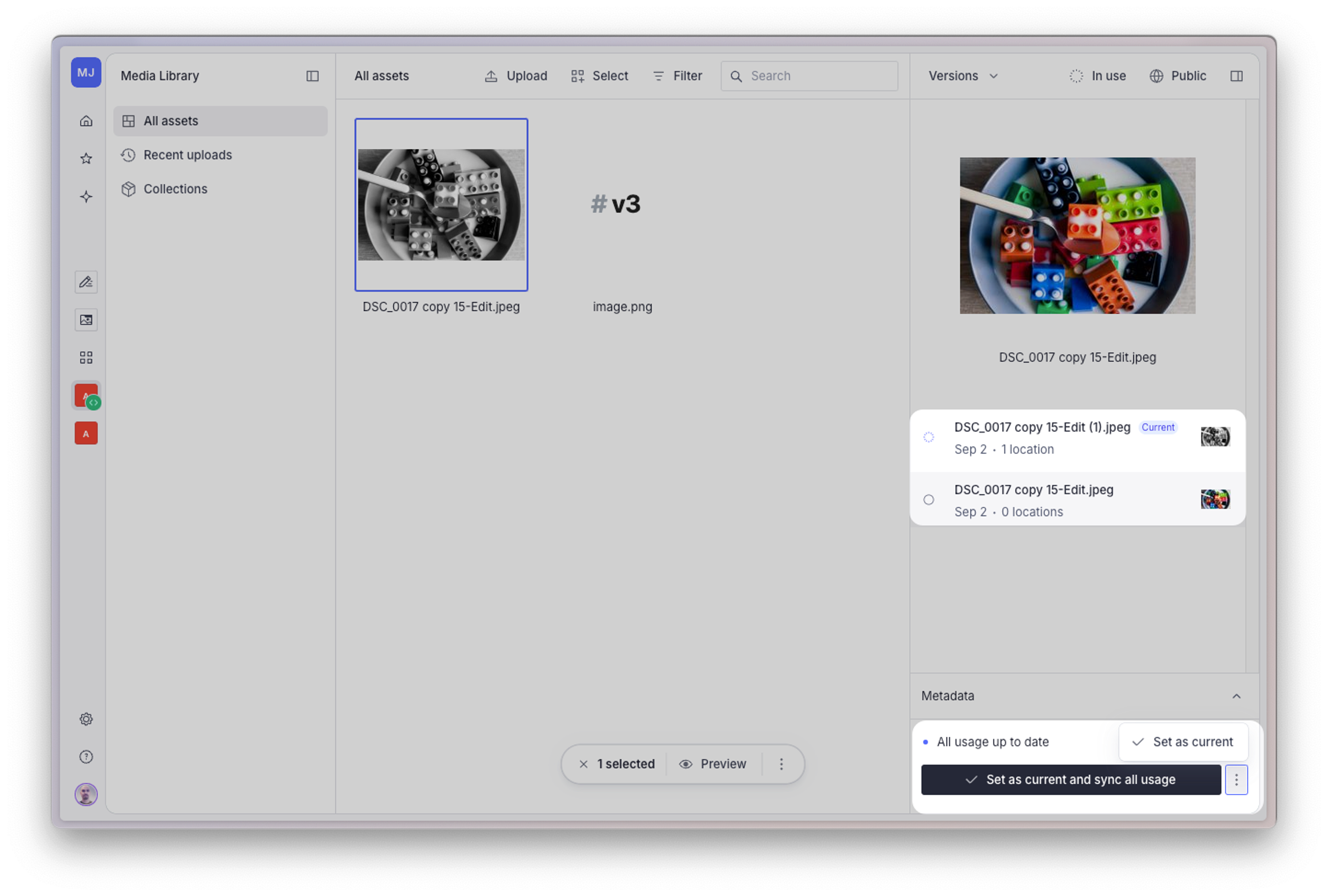 Shows Sanity Media Library with the versions inspector open, and options to sync usage highlighted