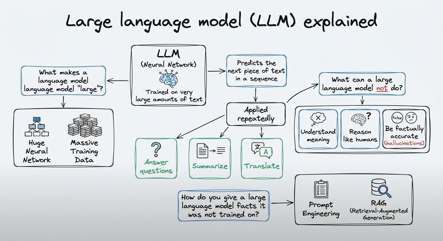 A diagram explaining Large language model (LLM) in terms of related concepts.