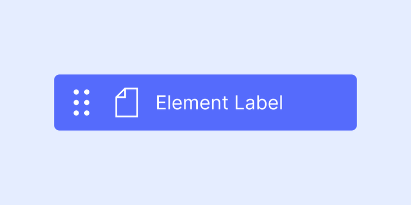 UI component featuring a blue rectangular button with rounded corners. Inside, there are a dotted grid icon, a document icon, and the text ‘Element Label’ in white. The background is light blue, giving it a clean and minimalistic design.