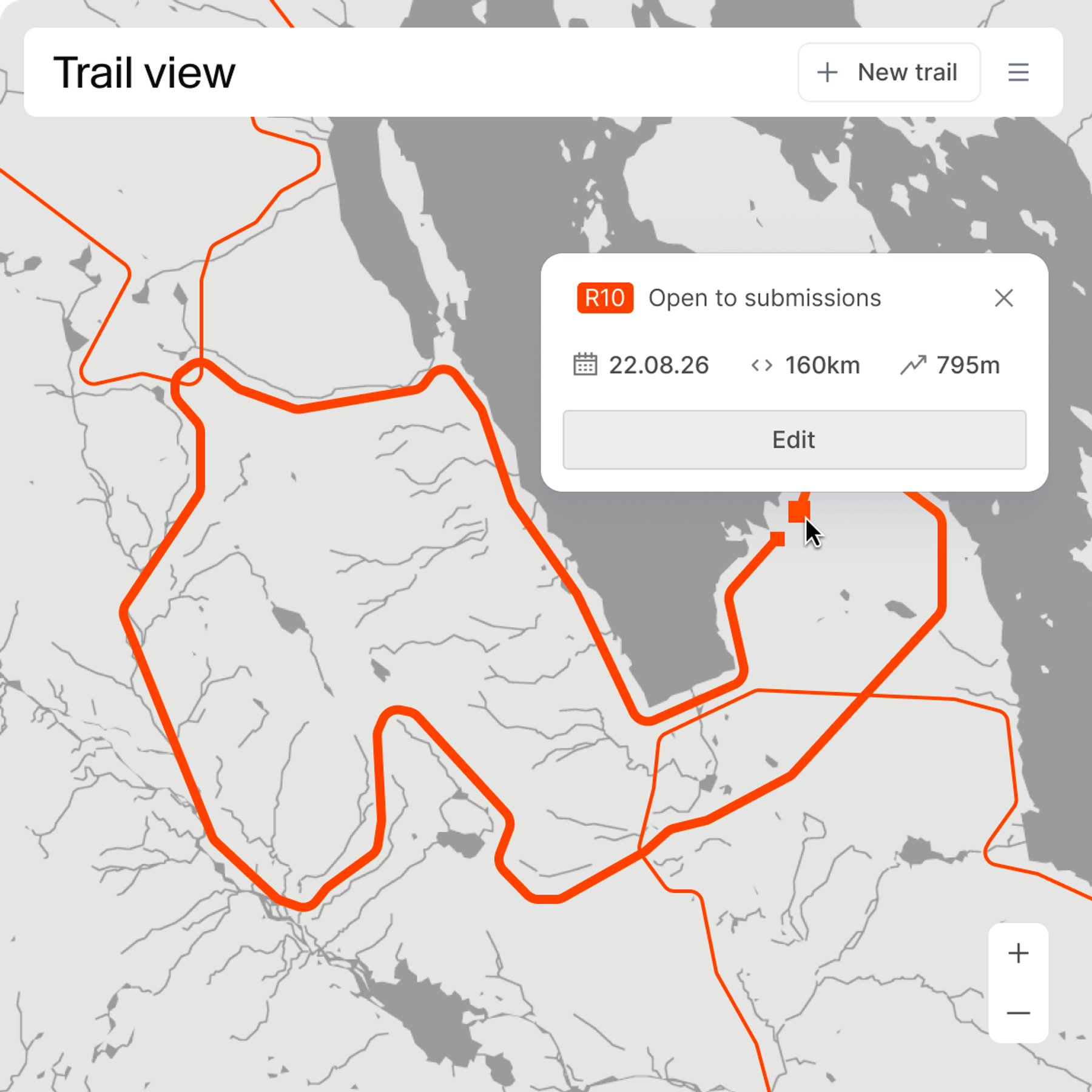 A map showing an orange trail. A pop-up displays "R10 Open to submissions," 22.08.26, 160km, and 795m elevation, with an "Edit" button. A cursor points to the trail.