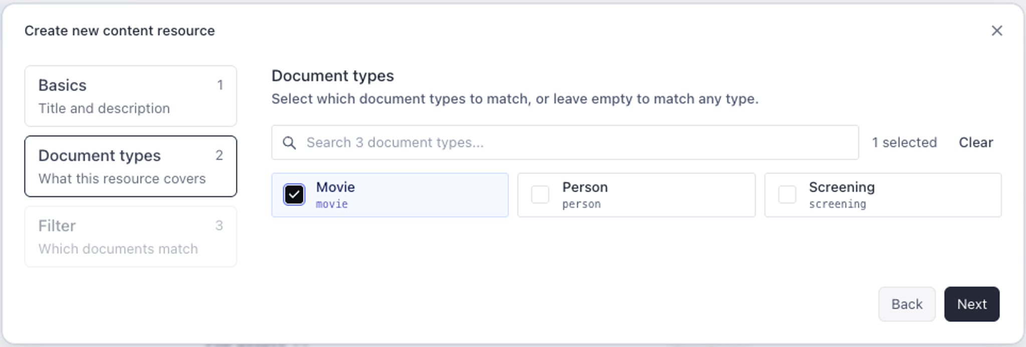 A "Create new content resource" dialog showing "Document types" step with "Movie" selected.