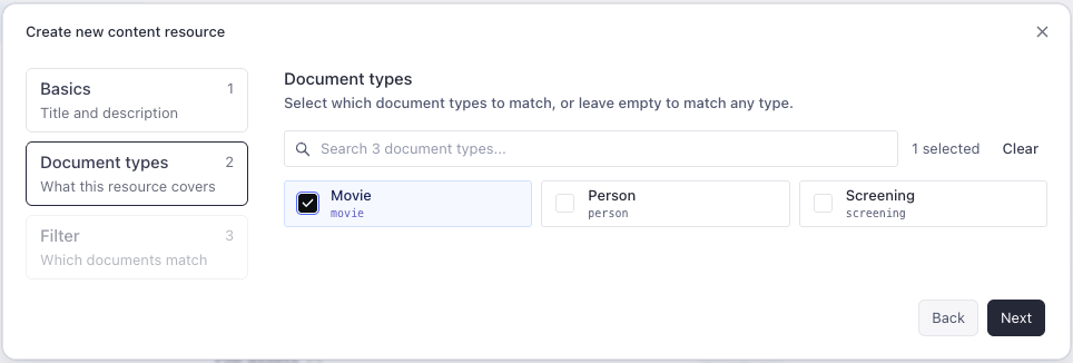 A "Create new content resource" dialog showing "Document types" step with "Movie" selected.