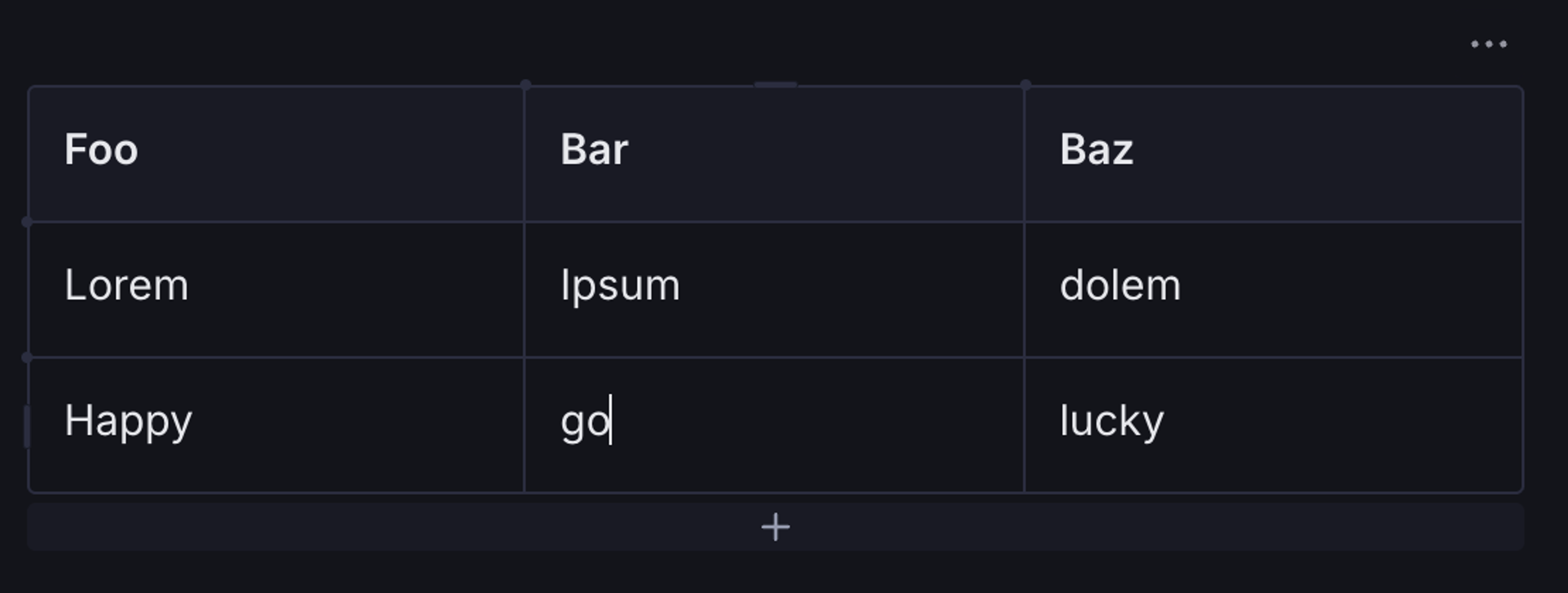 A dark table with three columns labeled Foo, Bar, and Baz. The rows contain Lorem, Ipsum, dolem and Happy, gd, lucky.