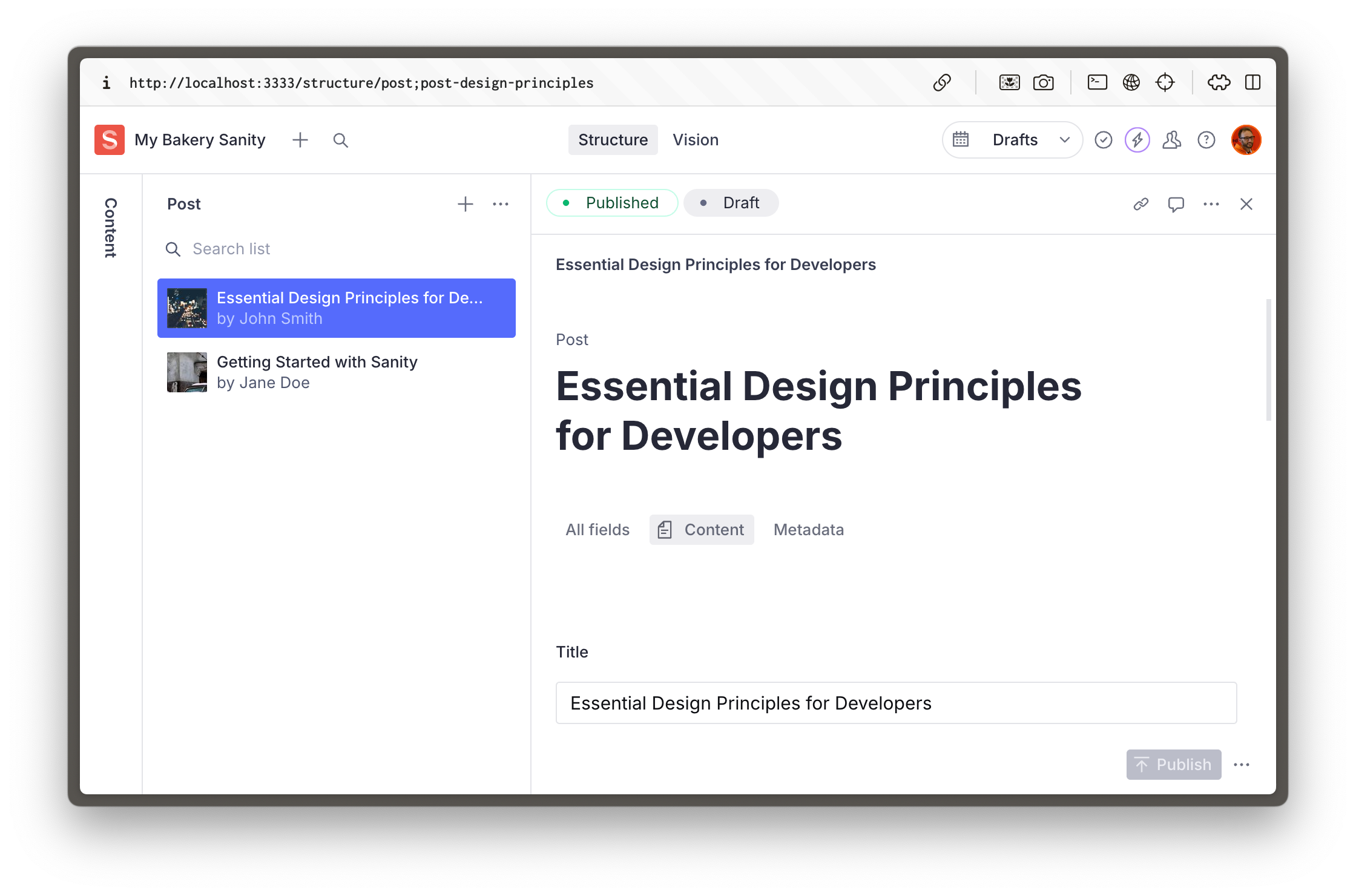 Sanity Studio showing a blog post