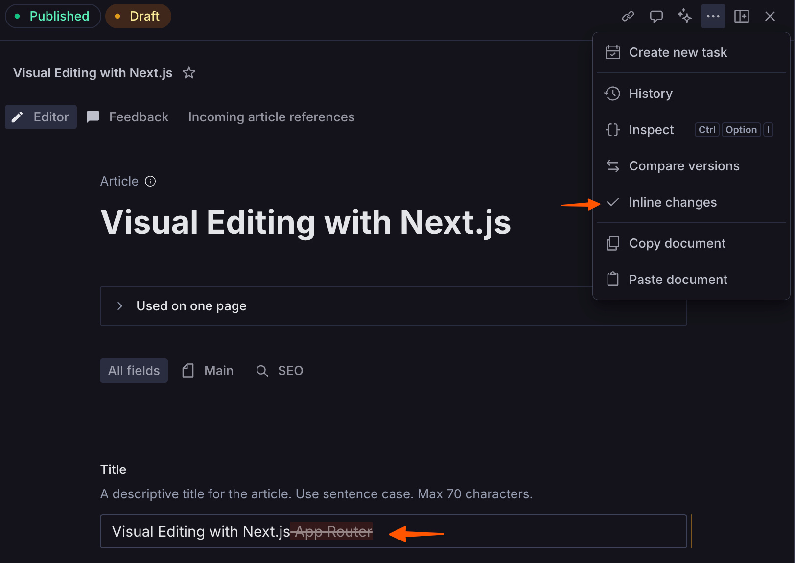 UI showing 'Inline changes' selected in a dropdown menu.