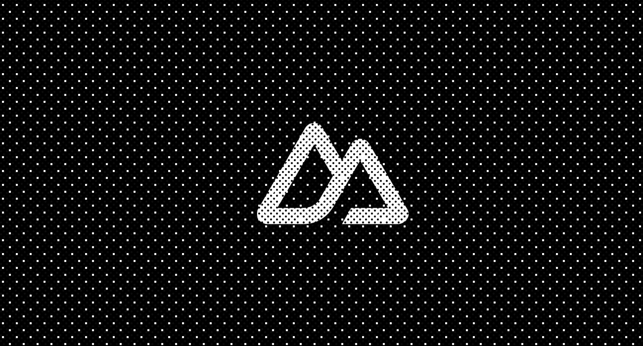 White dotted logo of two overlapping abstract peaks on a black dotted background.