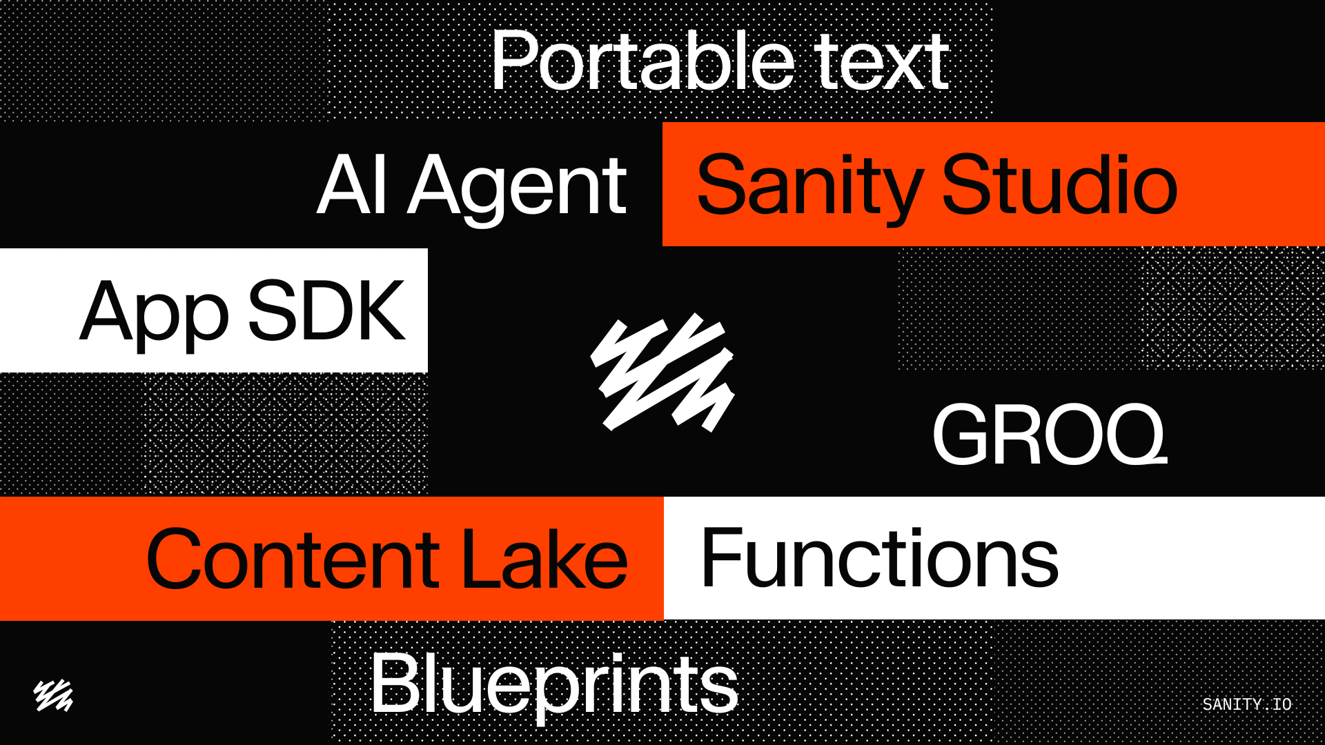 A black background with white and orange text blocks featuring: Portable text, AI Agent, Sanity Studio, App SDK, Content Lake, Functions, GROQ, Blueprints, and a white abstract logo.