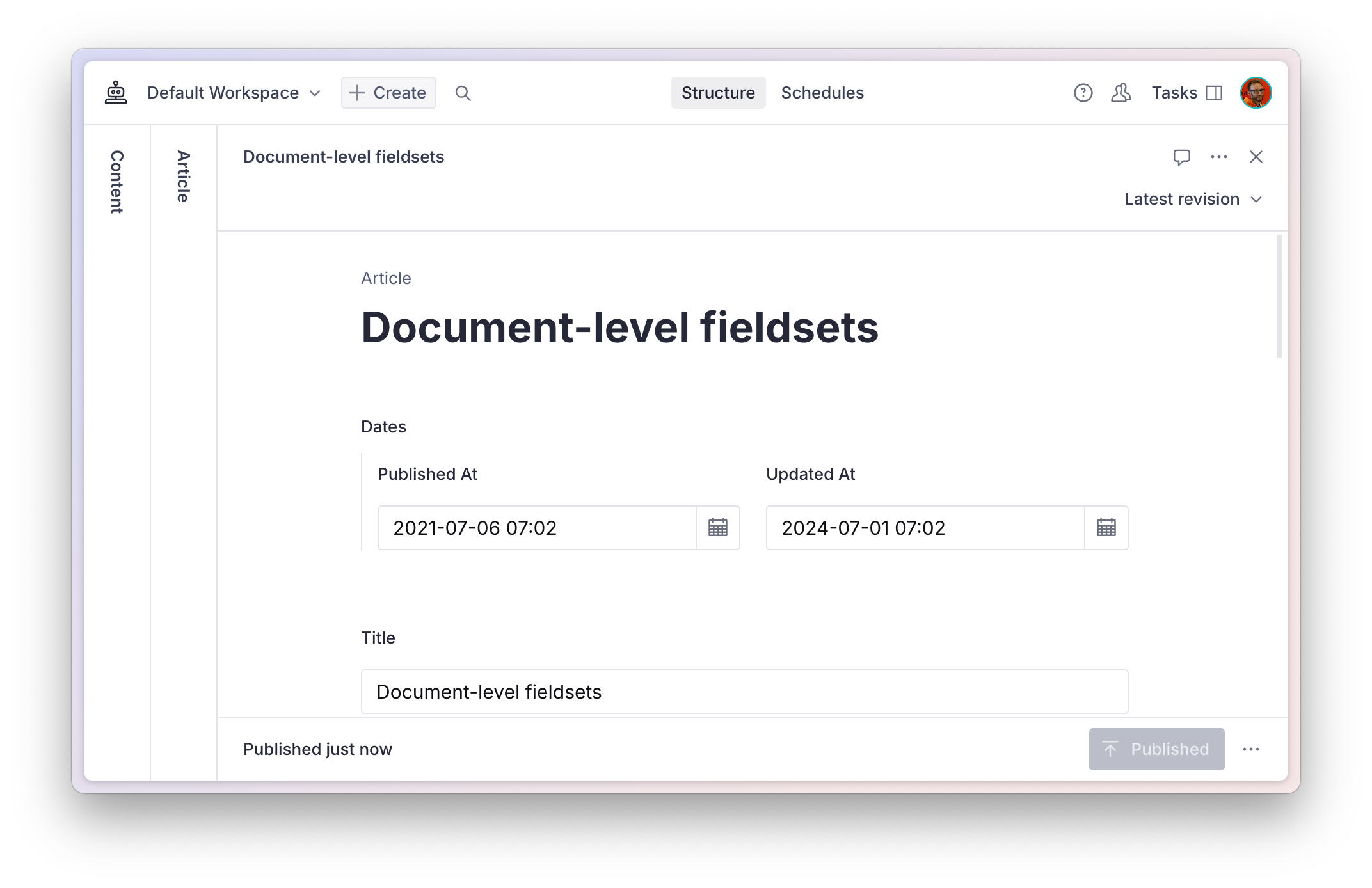 Sanity Studio showing fieldsets at the document level