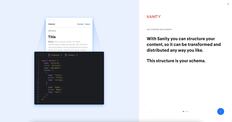 First position of Carousel with Text: "With Sanity you can Structure your content, so it can be transformed and distributed any way you like. This structure is your schema"