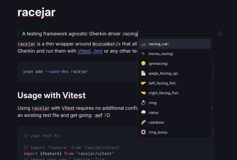 Documentation page for "racejar" showing an emoji autocomplete list with ":racing_car:" highlighted.