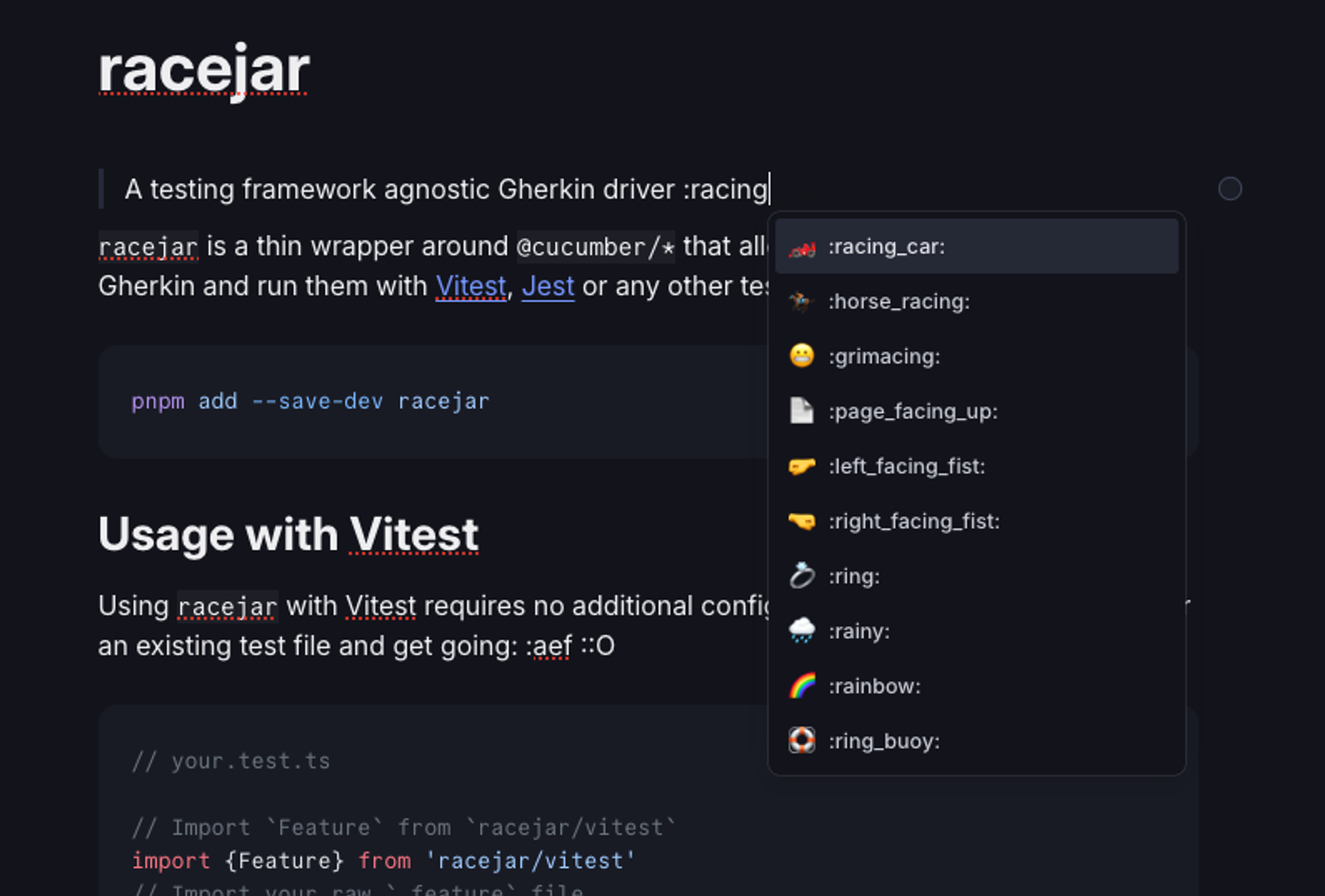 Documentation page for "racejar" showing an emoji autocomplete list with ":racing_car:" highlighted.