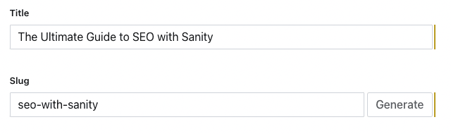 A screenshot of the Sanity studio showing where URL slugs are generated