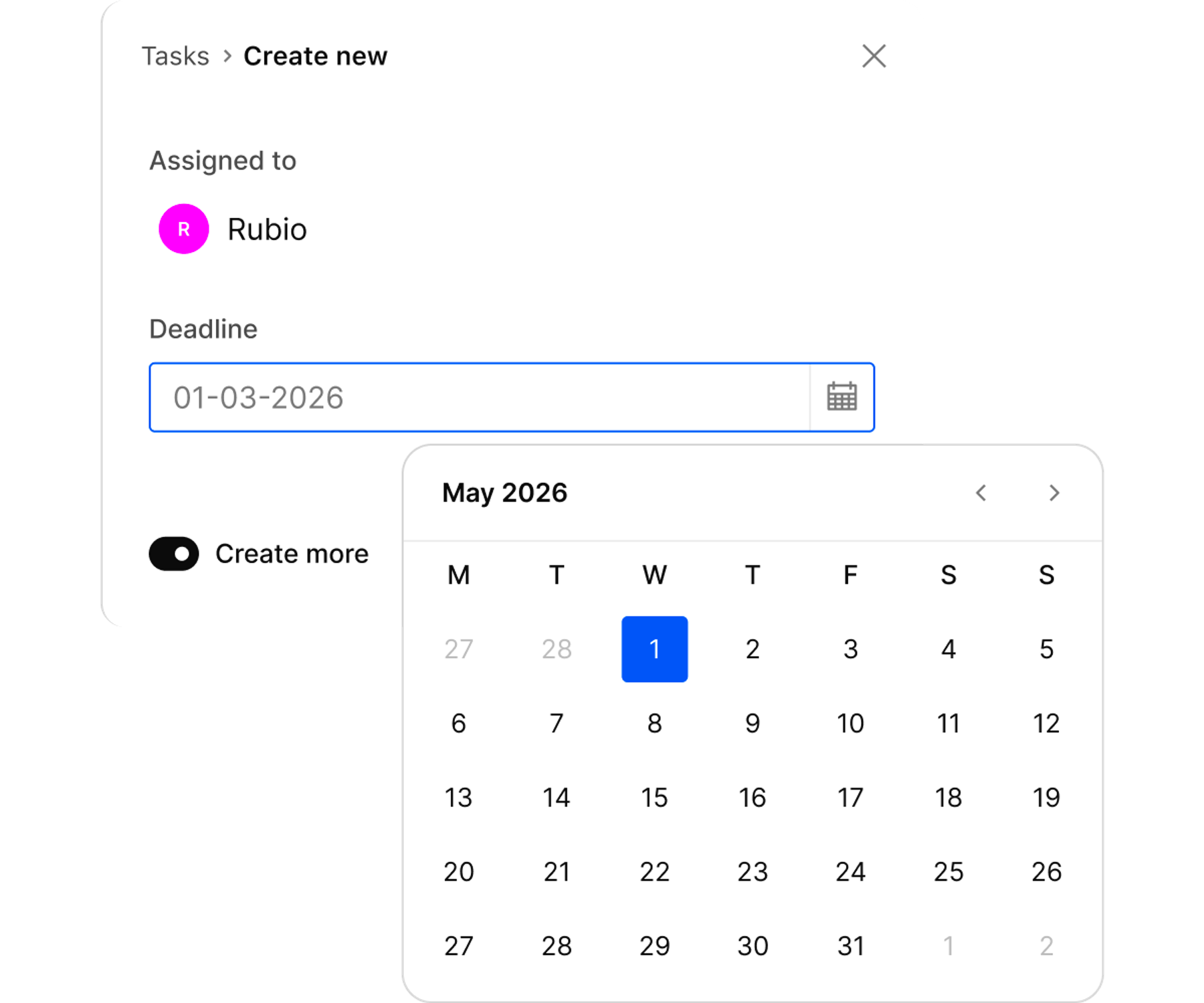 Task creation form with 'Assigned to Rubio', a deadline of '01-03-2026', and an open calendar for May 2026 highlighting the 1st.