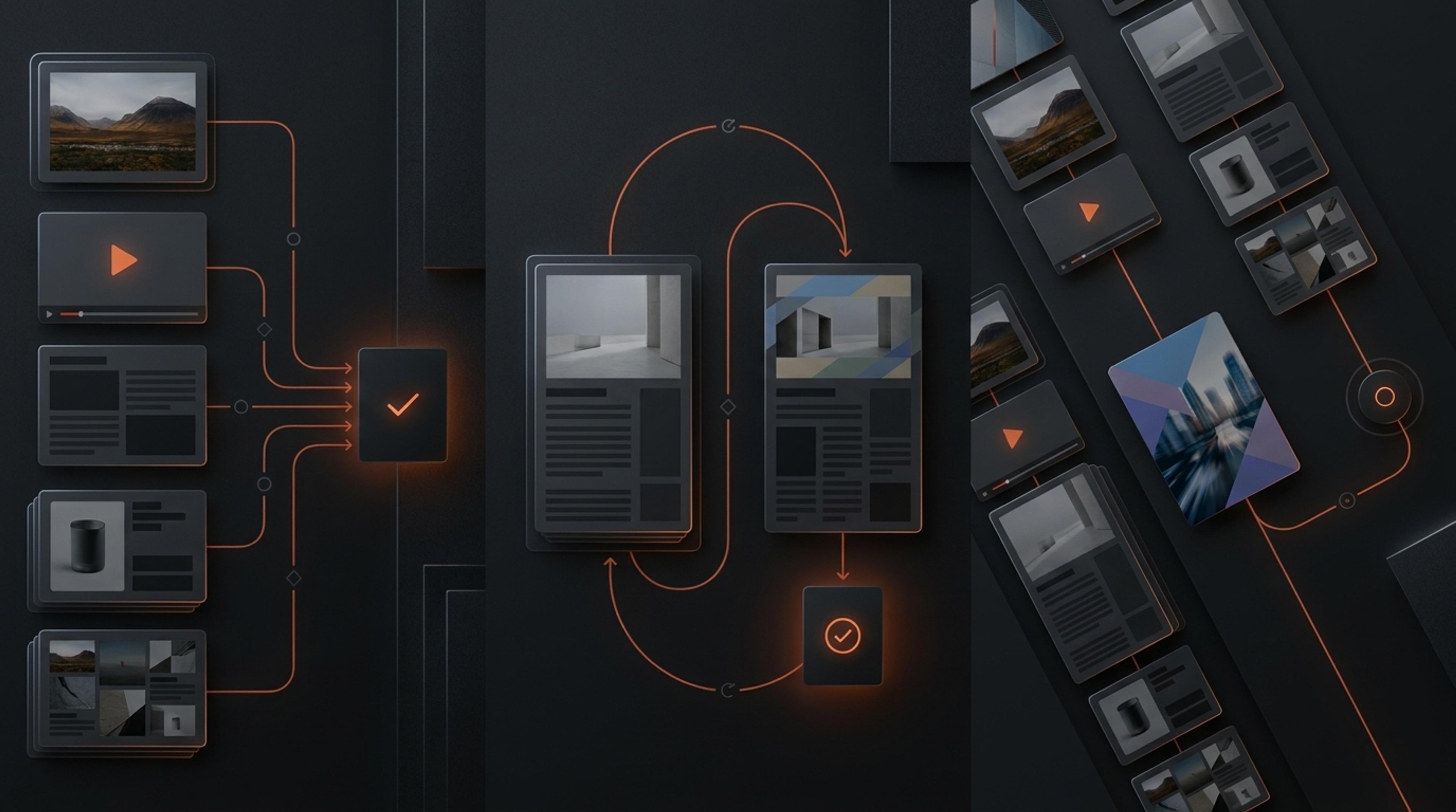 Editorial operations across commerce, public information, cultural collections, and automated product content connect through shared workflow state.