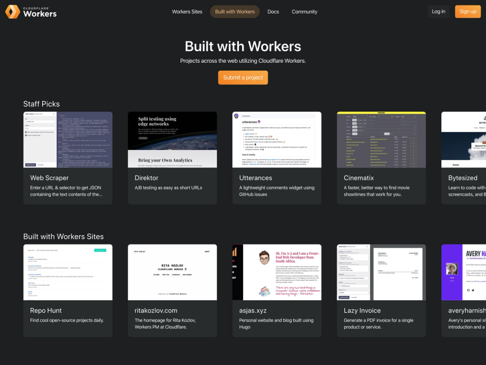 The frontpage of Cloudflare’s Built with workers