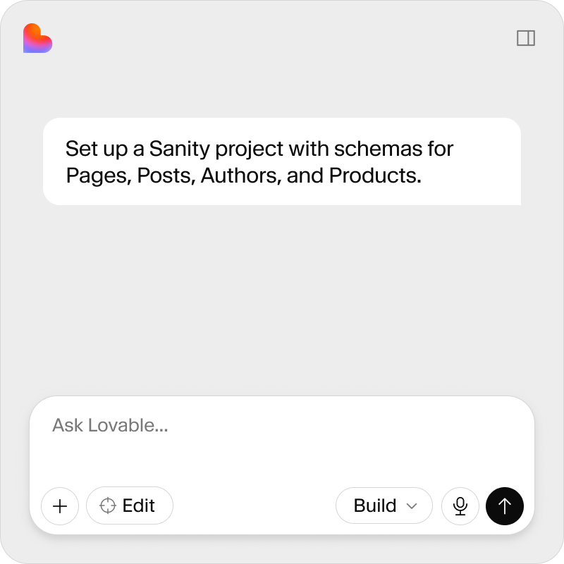 A prompt in an application interface reads: "Set up a Sanity project with schemas for Pages, Posts, Authors, and Products."