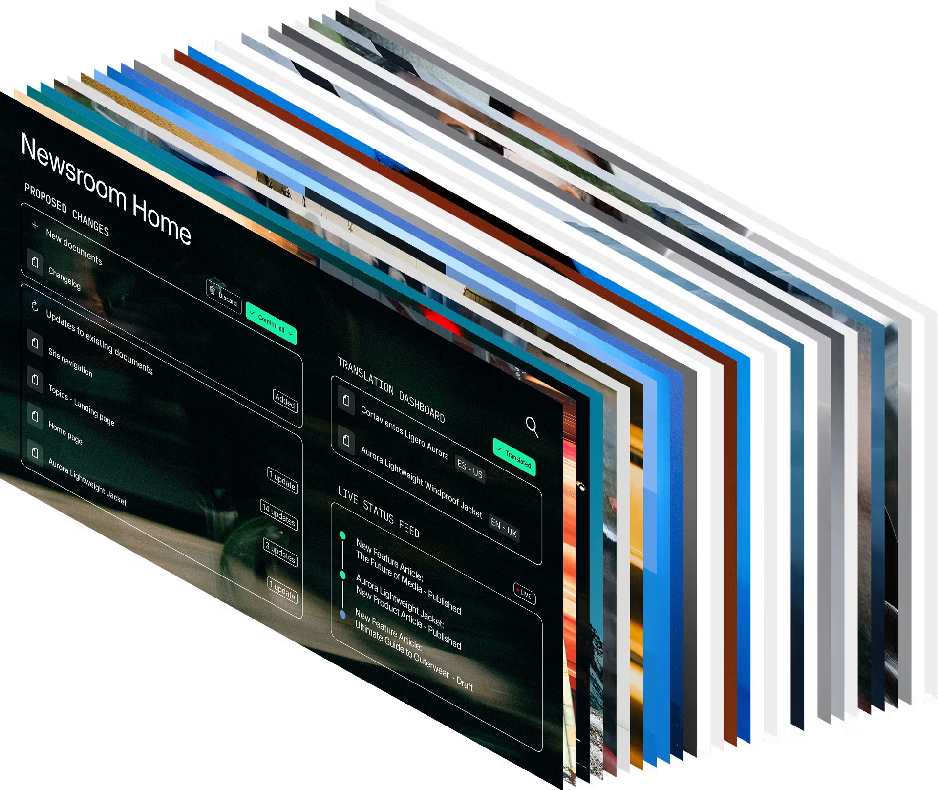 A 3D stack of digital screens, the front one displaying a "Newsroom Home" content management dashboard.