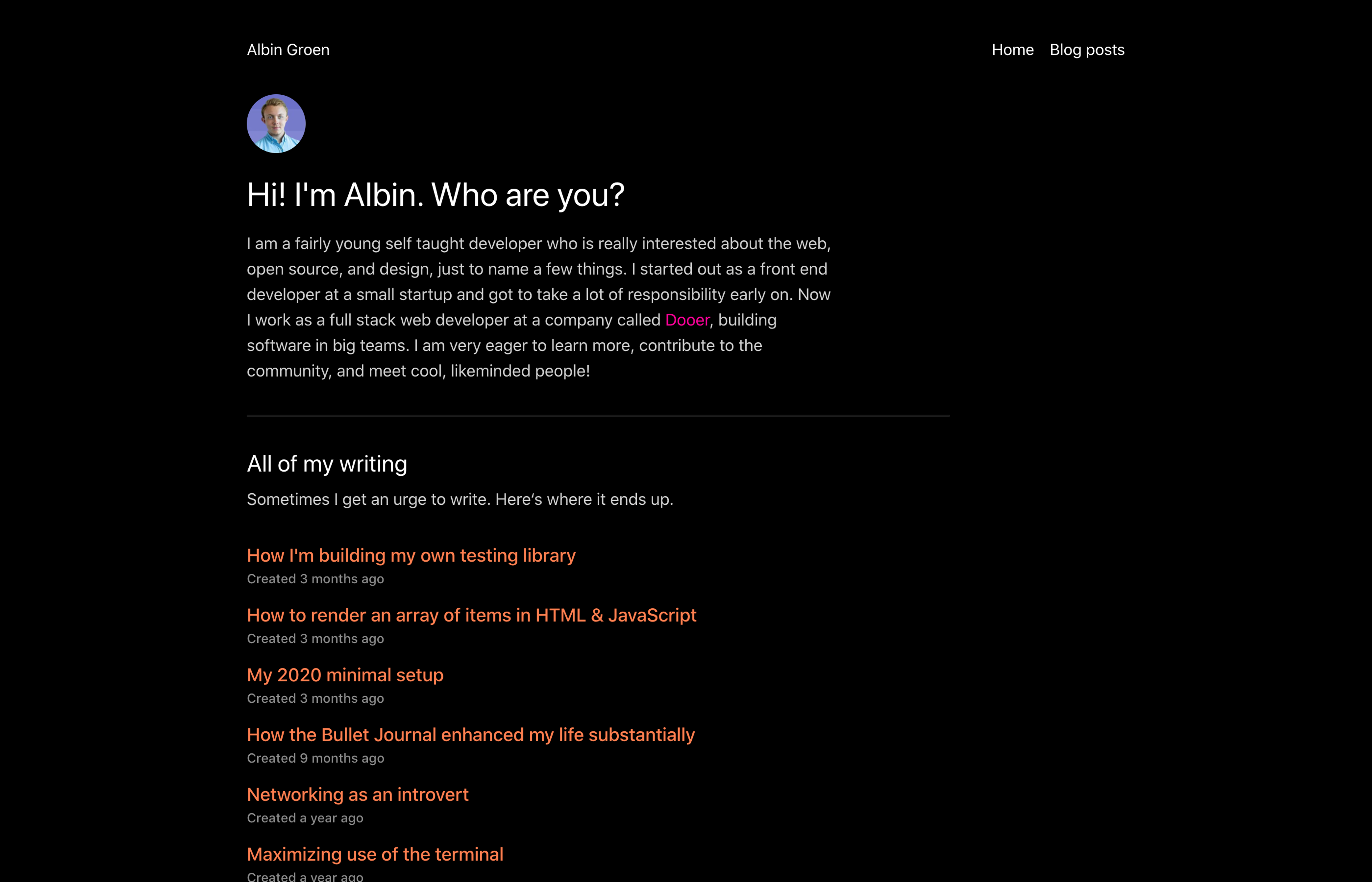 The frontpage for Albin Groen’s personal site