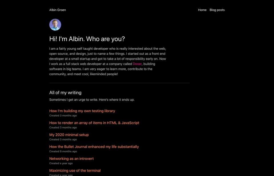 The frontpage for Albin Groen’s personal site