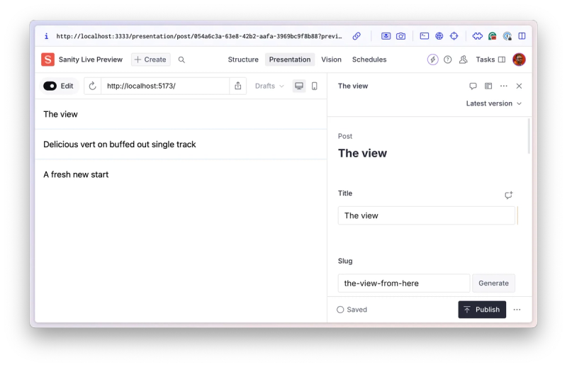 Screenshot of the Sanity Live Preview interface displaying a list of blog posts, including ‘The view,’ ‘Delicious vert on buffed out single track,’ and ‘A fresh new start.’ The selected post, ‘The view,’ shows editable fields for its title and slug (‘the-view-from-here’), with a ‘Publish’ button at the bottom.