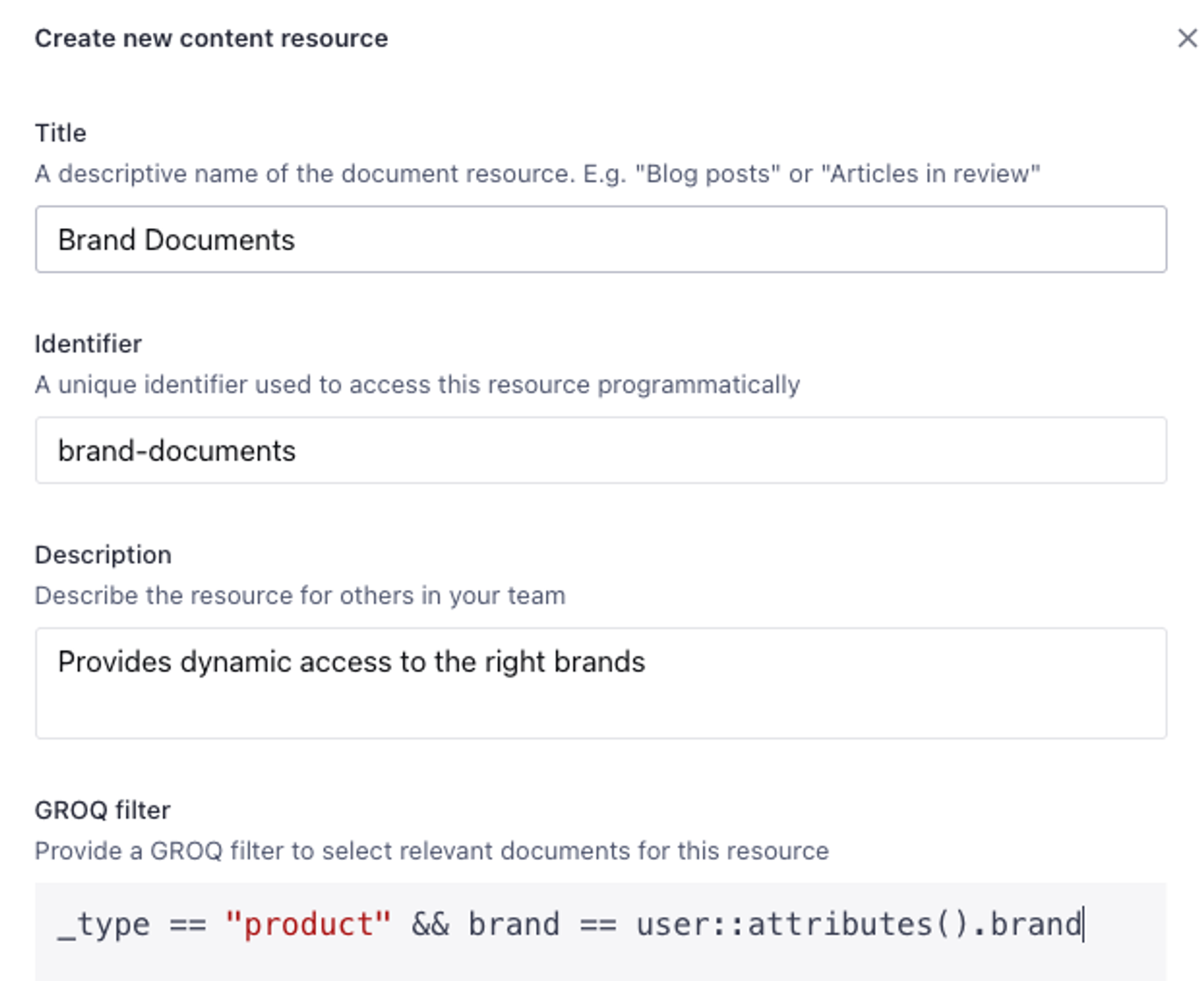 Create new content resource form for "Brand Documents" with a GROQ filter.